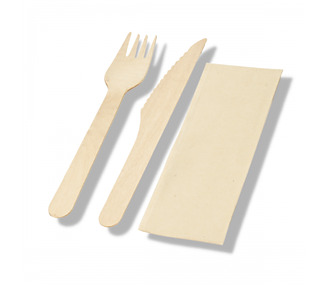 Wooden Cutlery Combo Knife, Fork & Napkin 400/Ctn