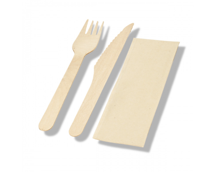 Wooden Cutlery Combo Knife, Fork & Napkin 400/Ctn